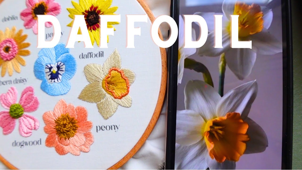Stitching a daffodil using three stitches! Bouquet sampler embroidery full tutorial