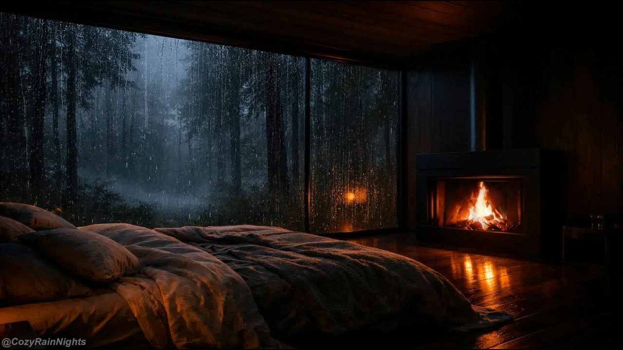 Fall Asleep in 5 Minutes 🌧️ Rain on Window & Fireplace in a Cozy Dark Bedroom