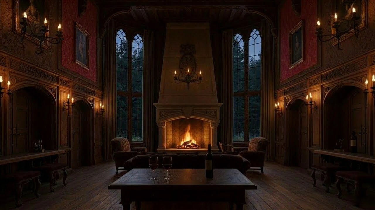 Quiet Evening Hall with Fireplace | Melancholic Piano and Soft Ambient Atmosphere