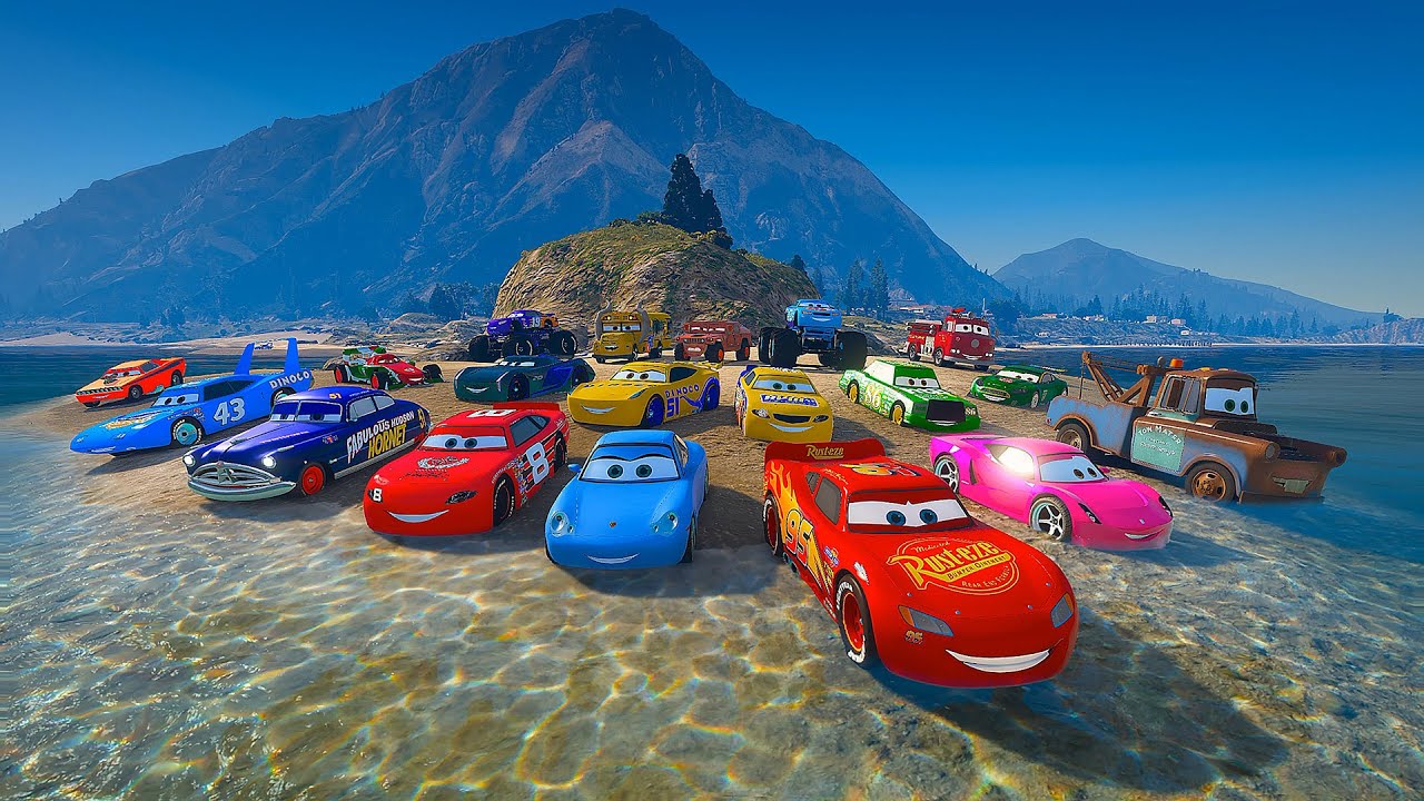 Crazy Cars vs Log Challenge McQueen Mater The King Cruz Ramirez Chick Hicks & Friends Monster Trucks