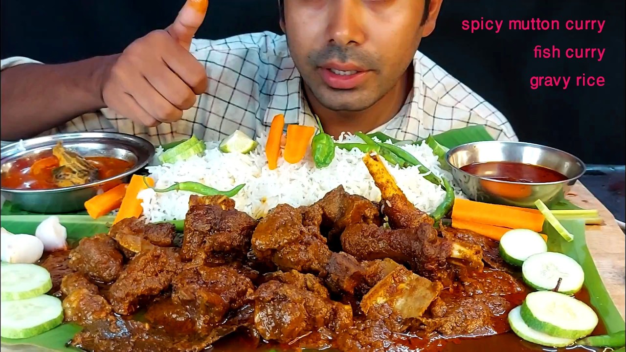 spicy mutton kosha tengra fish curry spicy gravy huge rice eating show in bananaleaf mukbang food