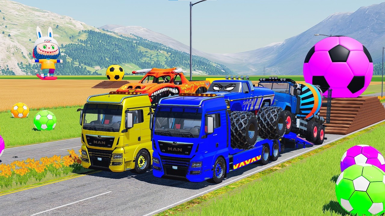 Transporting With COLORS - SCANIA MIXER TRUCK and MAN DUMP TRUCK with VOLVO FLATBED TRAILER TRUCK