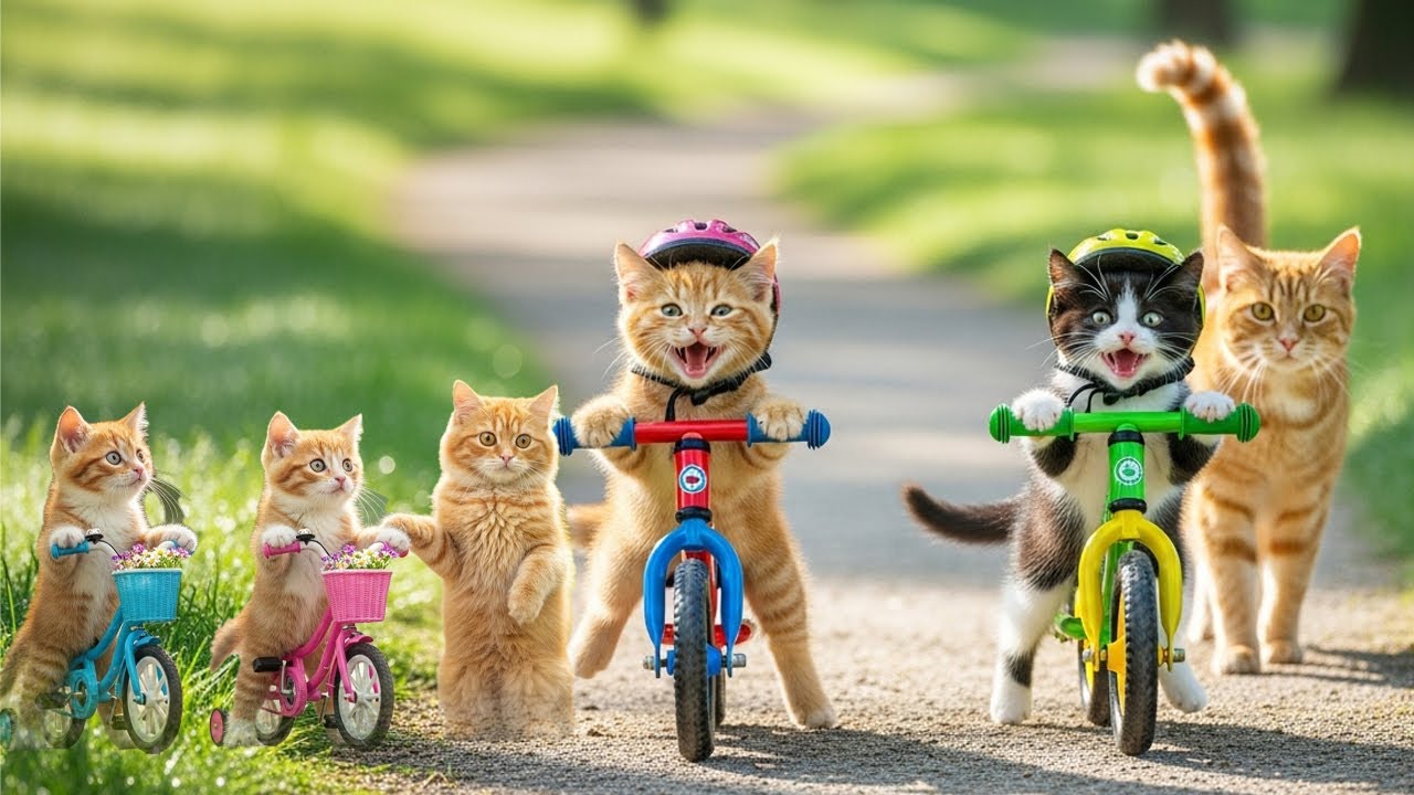 Adorable Kittens Learning to Ride Bikes 🐱🚲  Heartwarming Cat Family Story  Cinematic AI Video