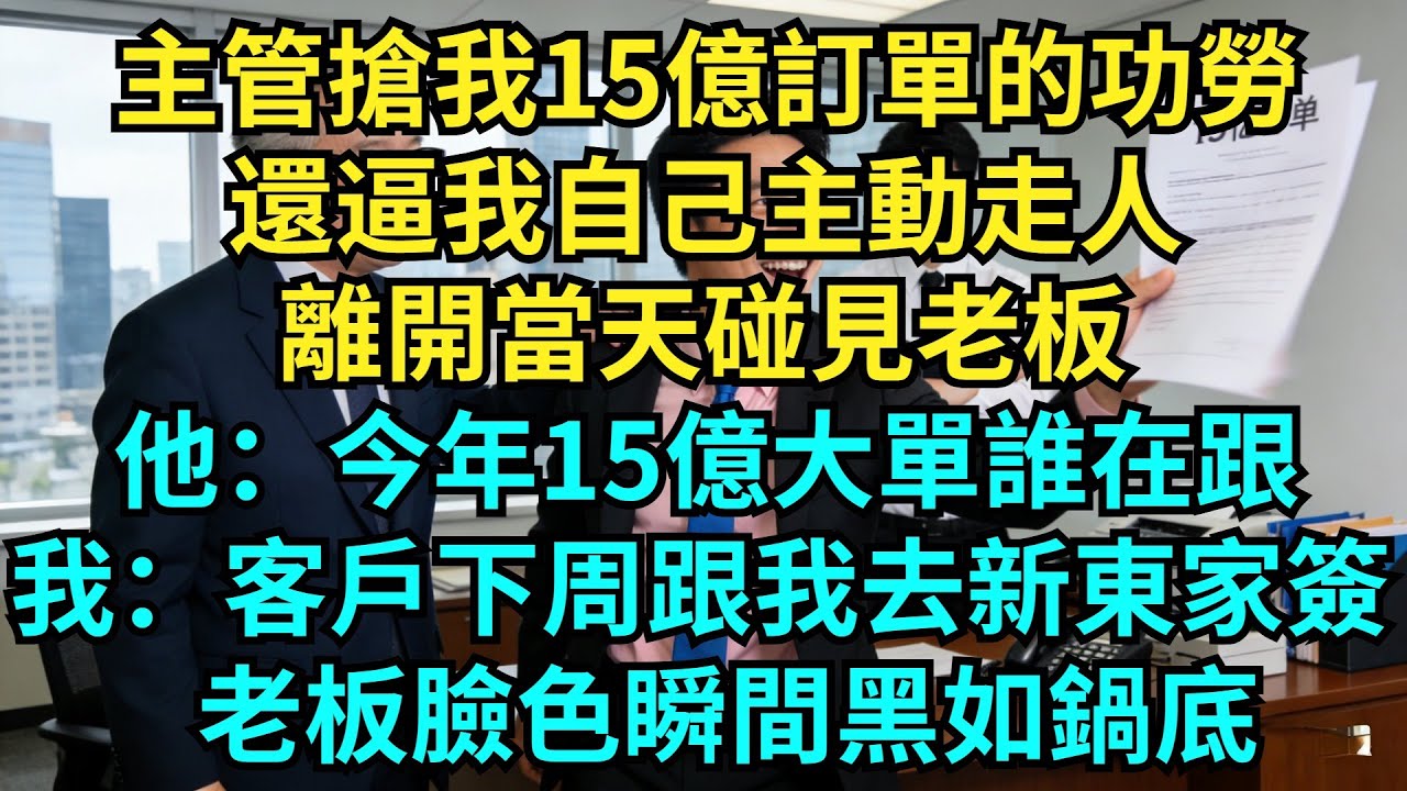主管搶我15億訂單的功勞，還逼我自己主動走人，離開當天碰見老板，他問：今年15億大單誰在跟？我說：客戶下周跟我去新東家簽，老板臉色瞬間黑如鍋底【奇聞秘事】#奇聞#秘事#故事 #职场 #职场故事 #奖金