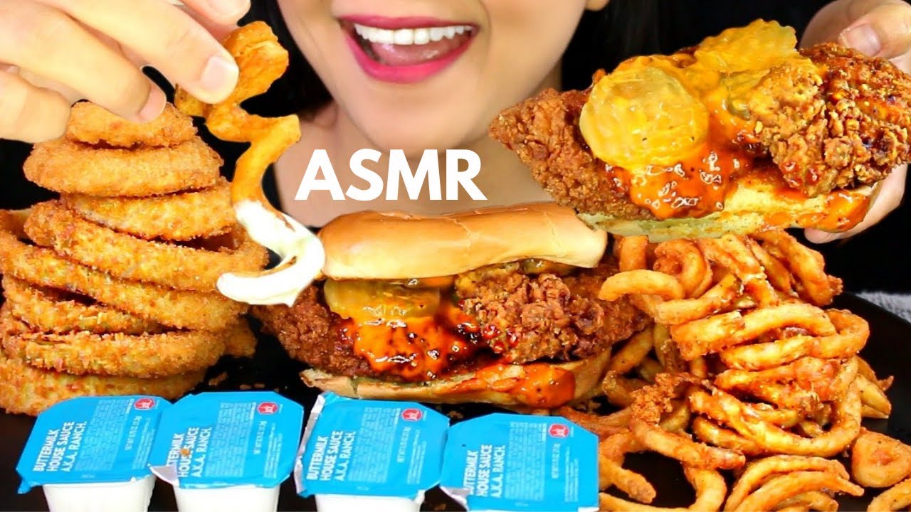 ASMR Jack in the Box SPICY CLUCK SANDWICH, ONION RINGS and CURLY FRIES Eating Sound MUKBANG