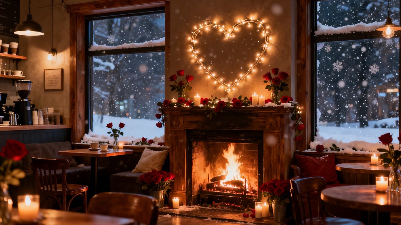 8 Hours Snowstorm Outside, Warm Café Fireplace Inside ❄️ Relaxing Jazz Ambience