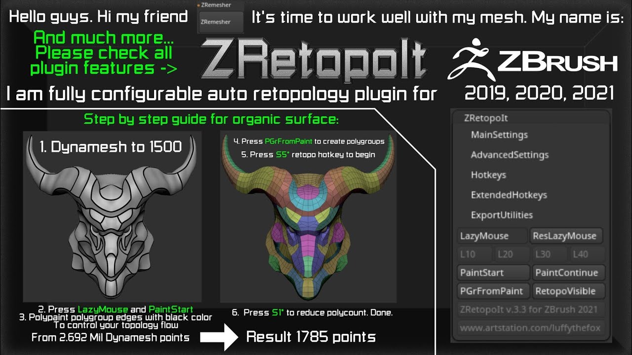 ZRetopoIt. Auto retopology plugin for ZBrush 2019 - 2024
