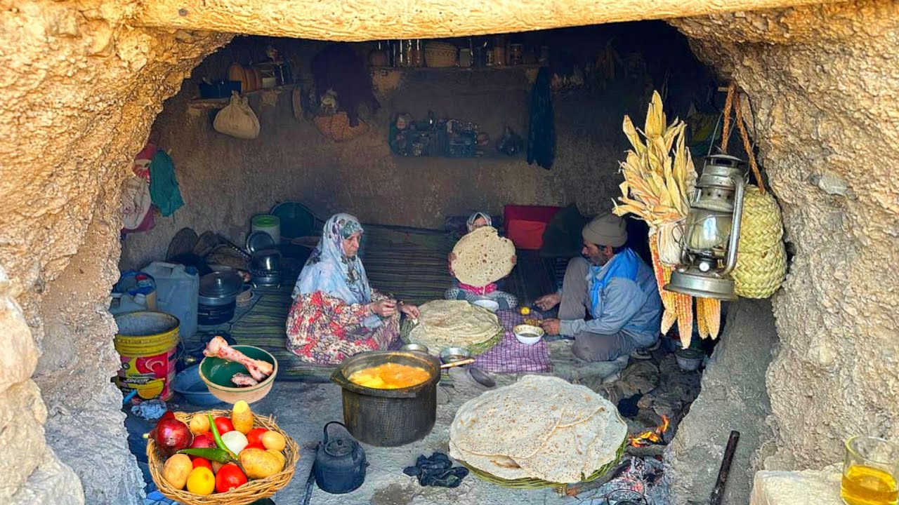 Iran’s Nomadic Lifestyle: Mix Of Cooking Abgoosht Recipe and Penjagish Bread in Cave