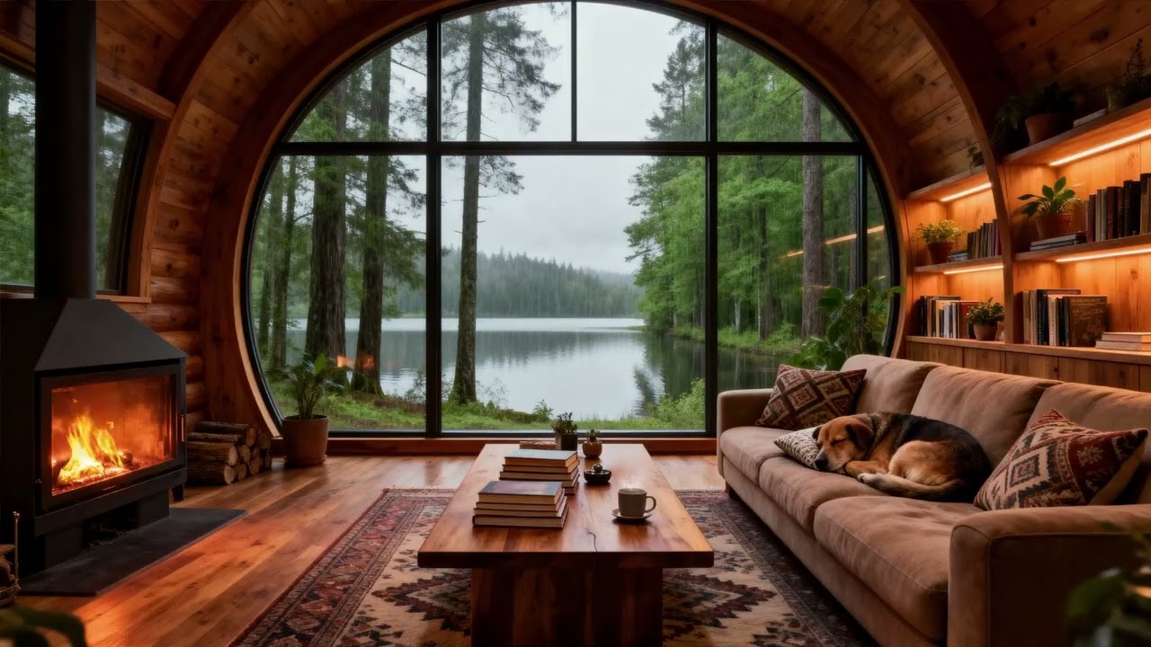 Cozy Cabin Ambience with Crackling Fireplace 🐶🔥 Rain Outside | Relaxing Fire Sounds and Sleeping Dog