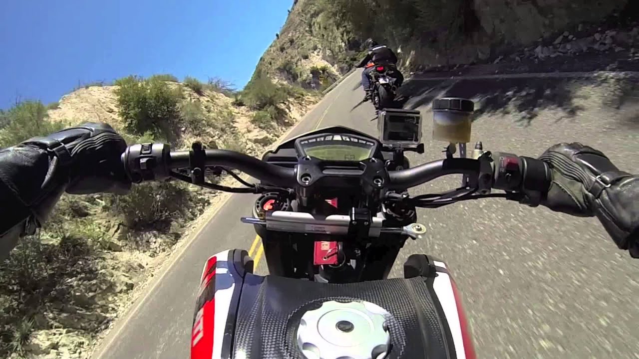 Ducati Hypermotard SP chasing KTM SuperDuke 1290 R on Angeles Crest Hwy