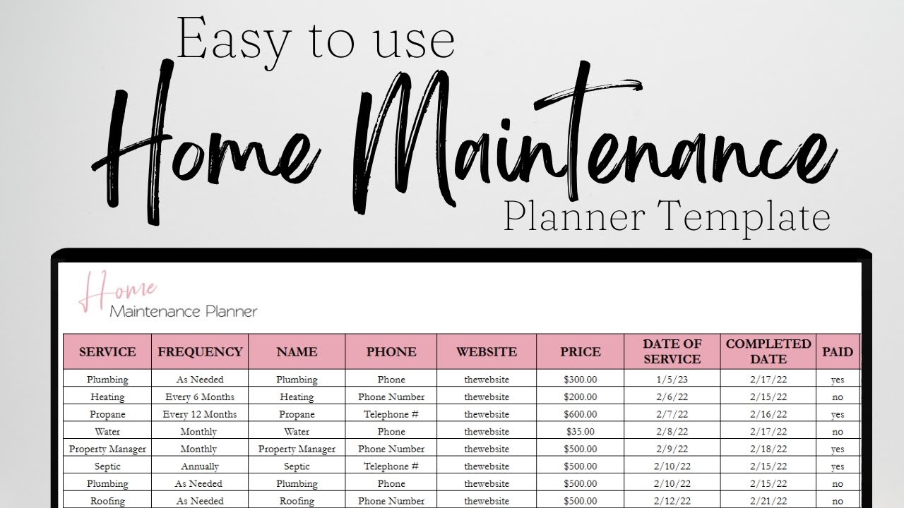 Home Maintenance Planner, Home Maintenance Schedule Template Excel Spreadsheet, Google Sheets