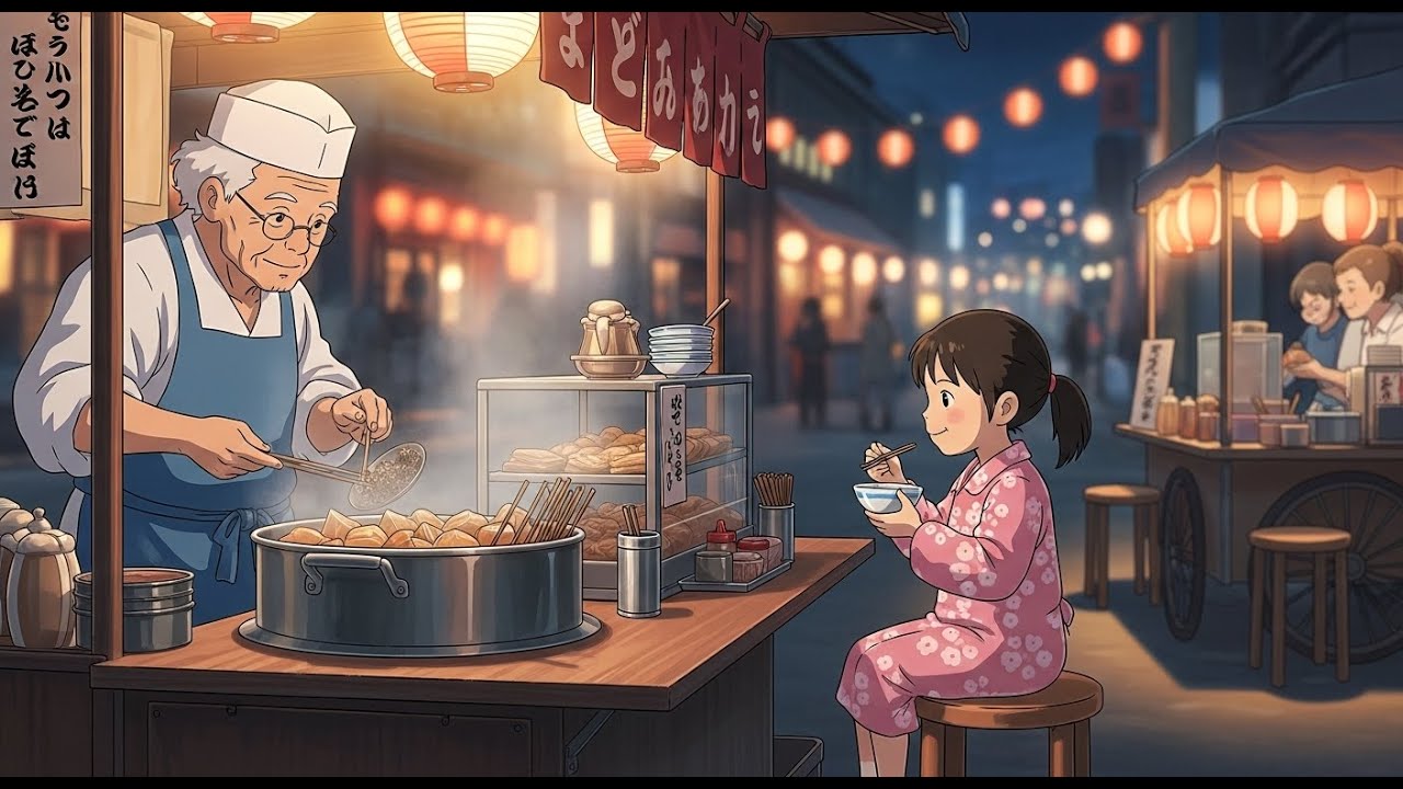 A Gentle, Cozy Food Stall Night Under Lantern Lights 🌙 Ghibli Vibes