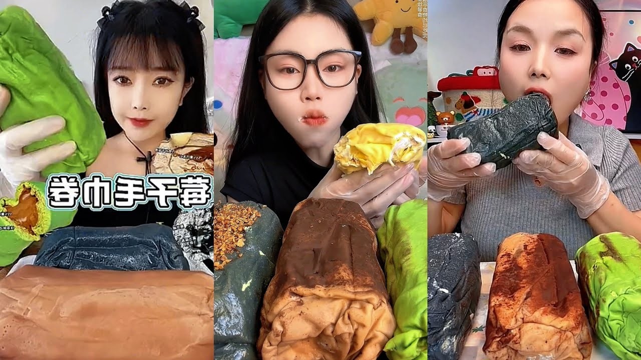 Huge Charcoal Matcha Tiramisu Cream Cake Roll Sweet Soft Dessert Viral Douyin Eating Show Desserts 🍵