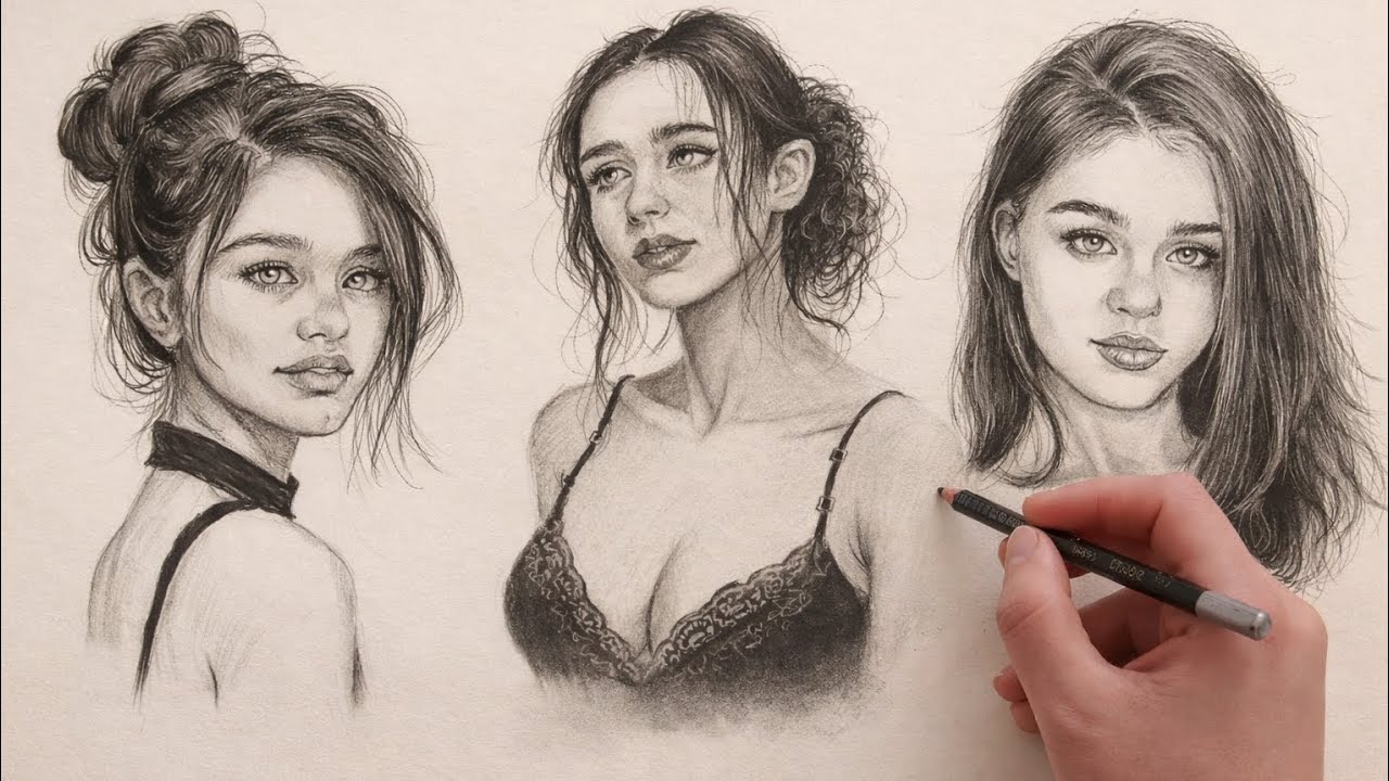 REALISTIC CHARCOAL PORTRAITS || 3 Female Faces step by step 