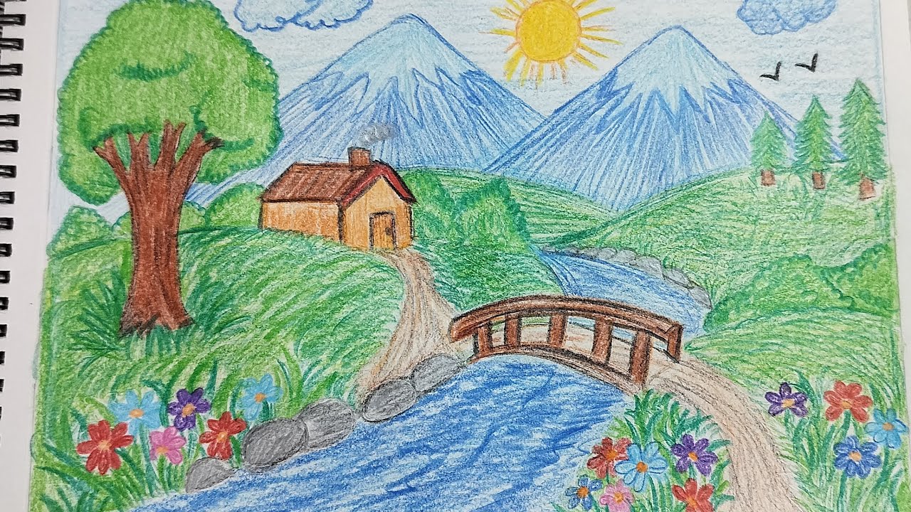 Beautiful nature scenery drawing with crayon 👍