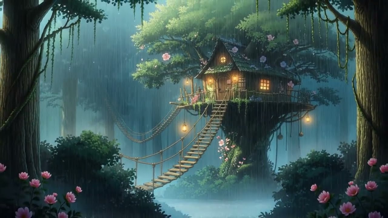 Ghibli Style Rainstorm Island 🌧️ Cozy Treehouse | Relaxing Cinematic Ambience
