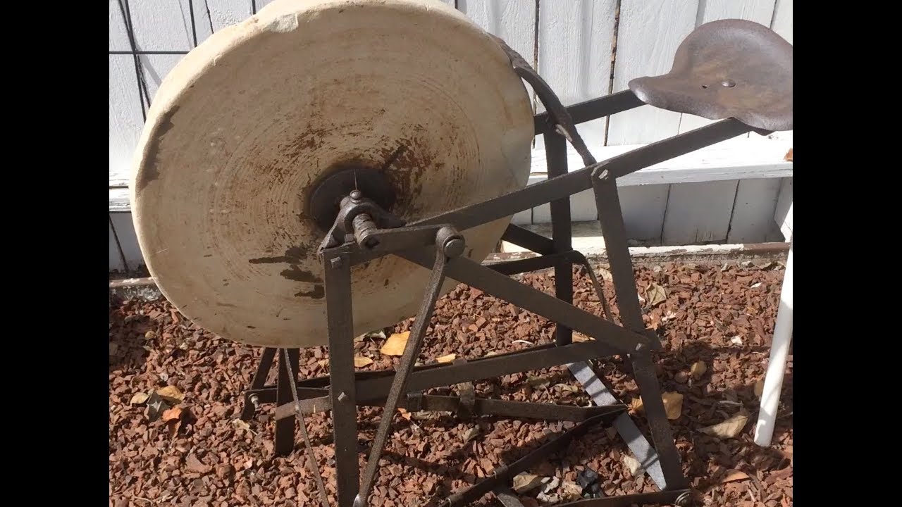 Antique Grinding Stone Pedal Powered Wheel W/ Seat Sandstone Sharpener