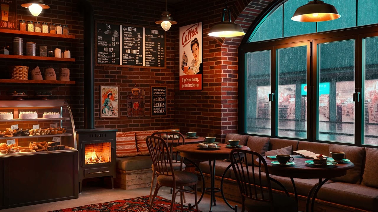 Soft Rain with Smooth Jazz in a Coffee Shop Ambience For Relaxation, Study, Work