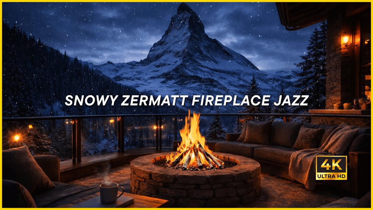 SNOWY ZERMATT FIREPLACE JAZZ (4K) – 1 Hour Cozy Winter Jazz for Relax, Focus & Sleep