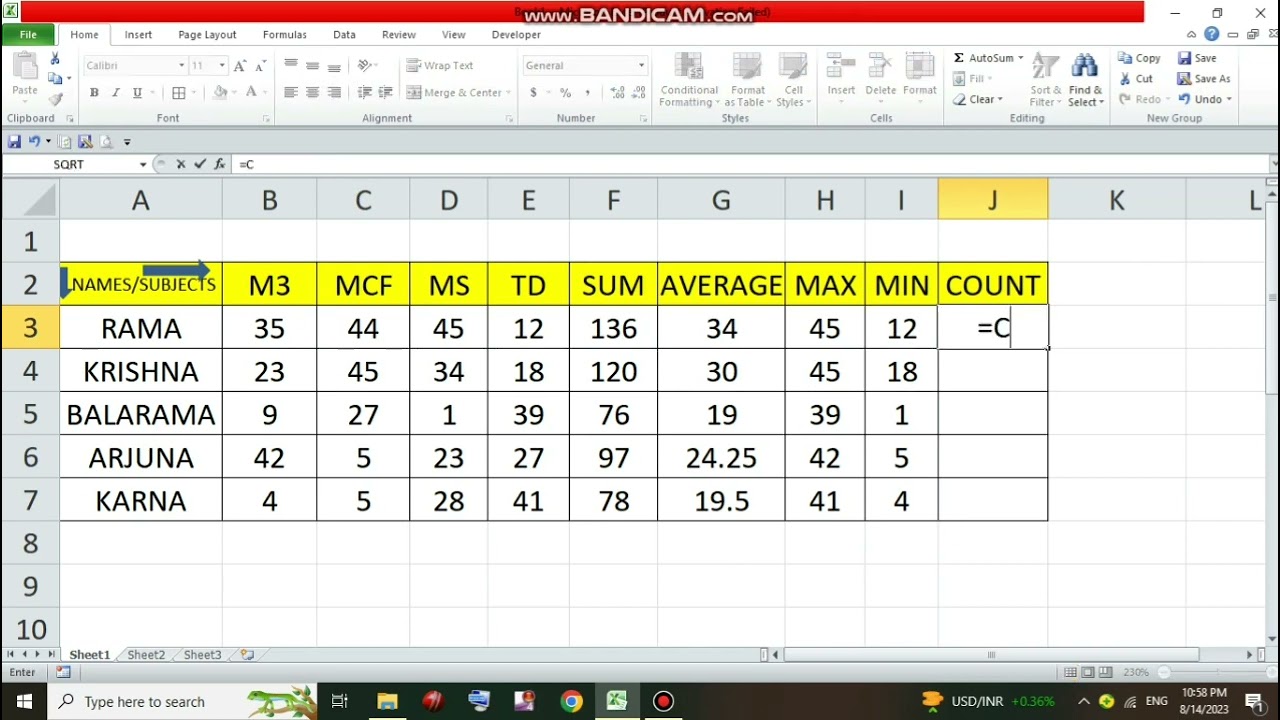 Finding sum, average, max, min, upper, lower, left, right, concatenate using Excel