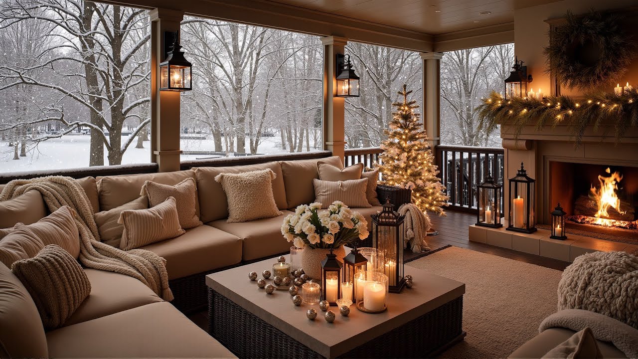 Rustic Christmas Terrace Ambience ❄️ Soft Snowfall, Warm Lights & Crackling Fireplace for Comfort