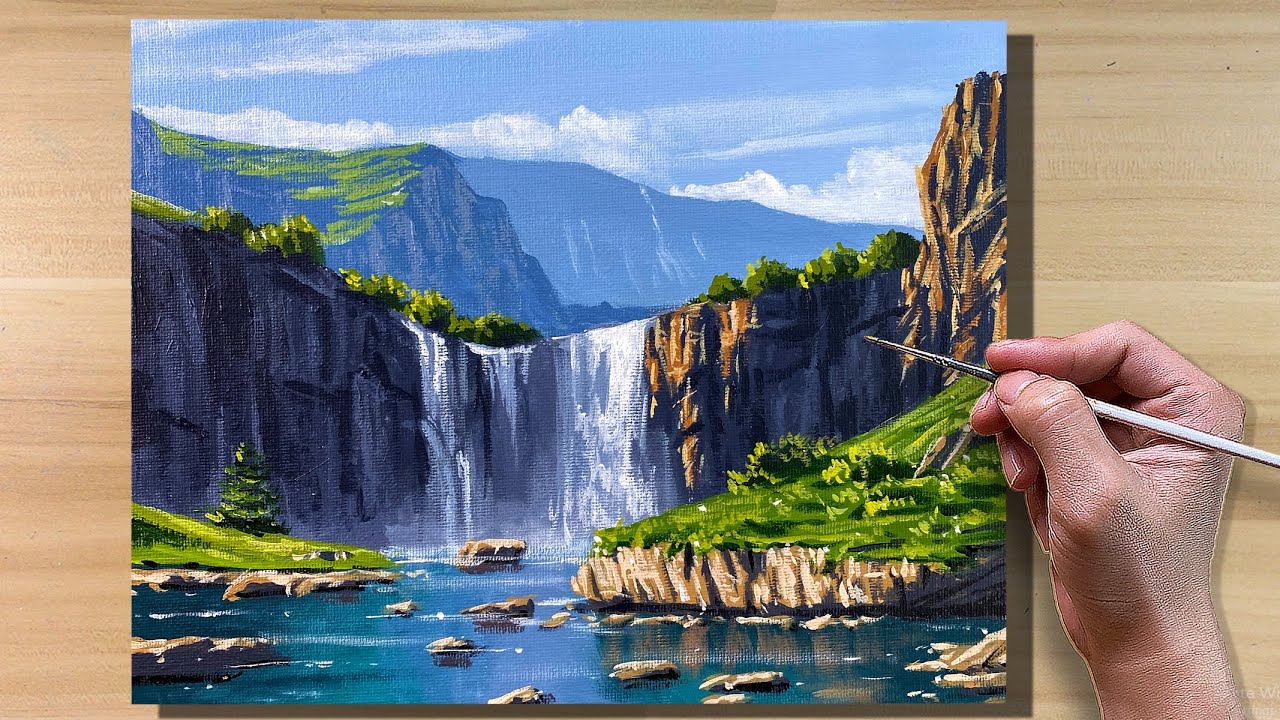 Acrylic Painting Waterfall Valley Landscape / Time-lapse