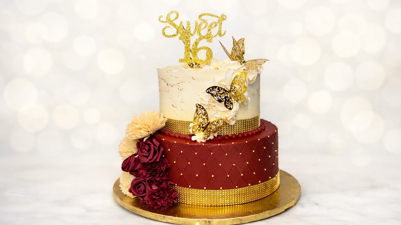Sweet Sixteen Birthday Cake#vanillacake#egglessbaking#creamcakes#flowers🎂