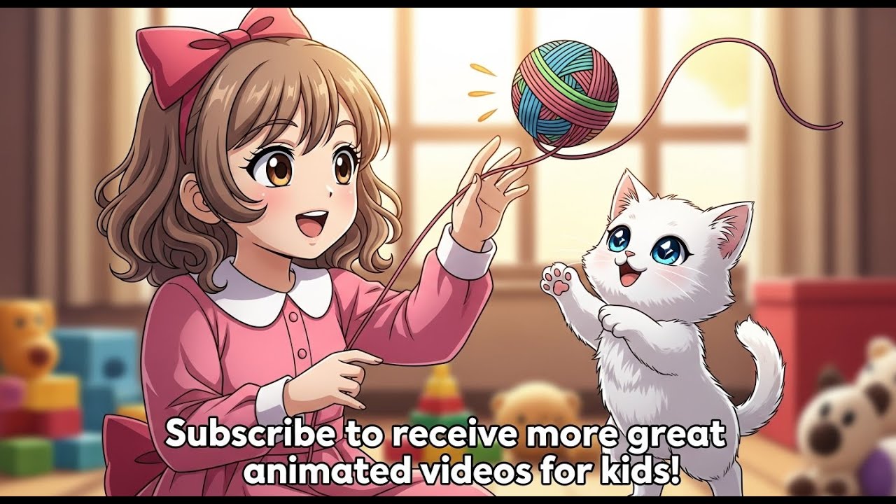 Baby teaches cat to catch a ball of yarn | Children's cartoon Fun