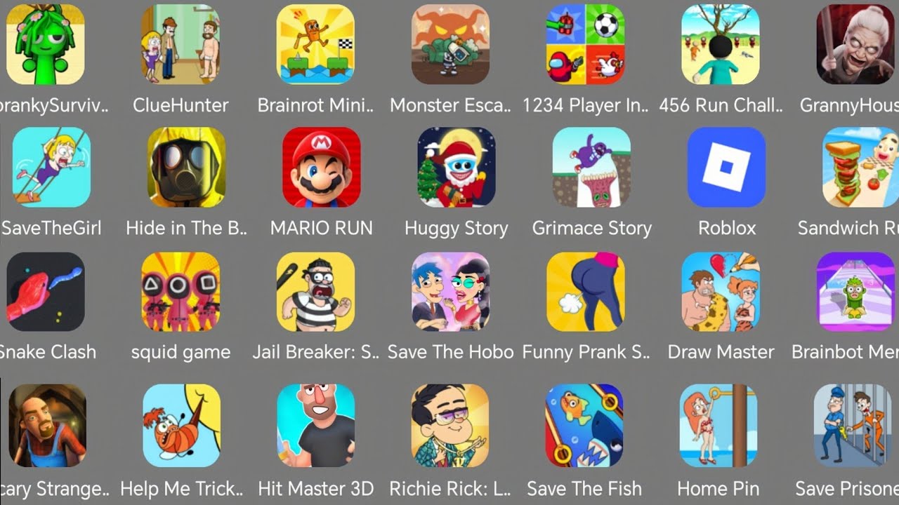 Spranky Survival,Huggy Story,Save The Fish,Draw Master,Jail Breaker, Help Me Tricky puzzle,Roblox 
