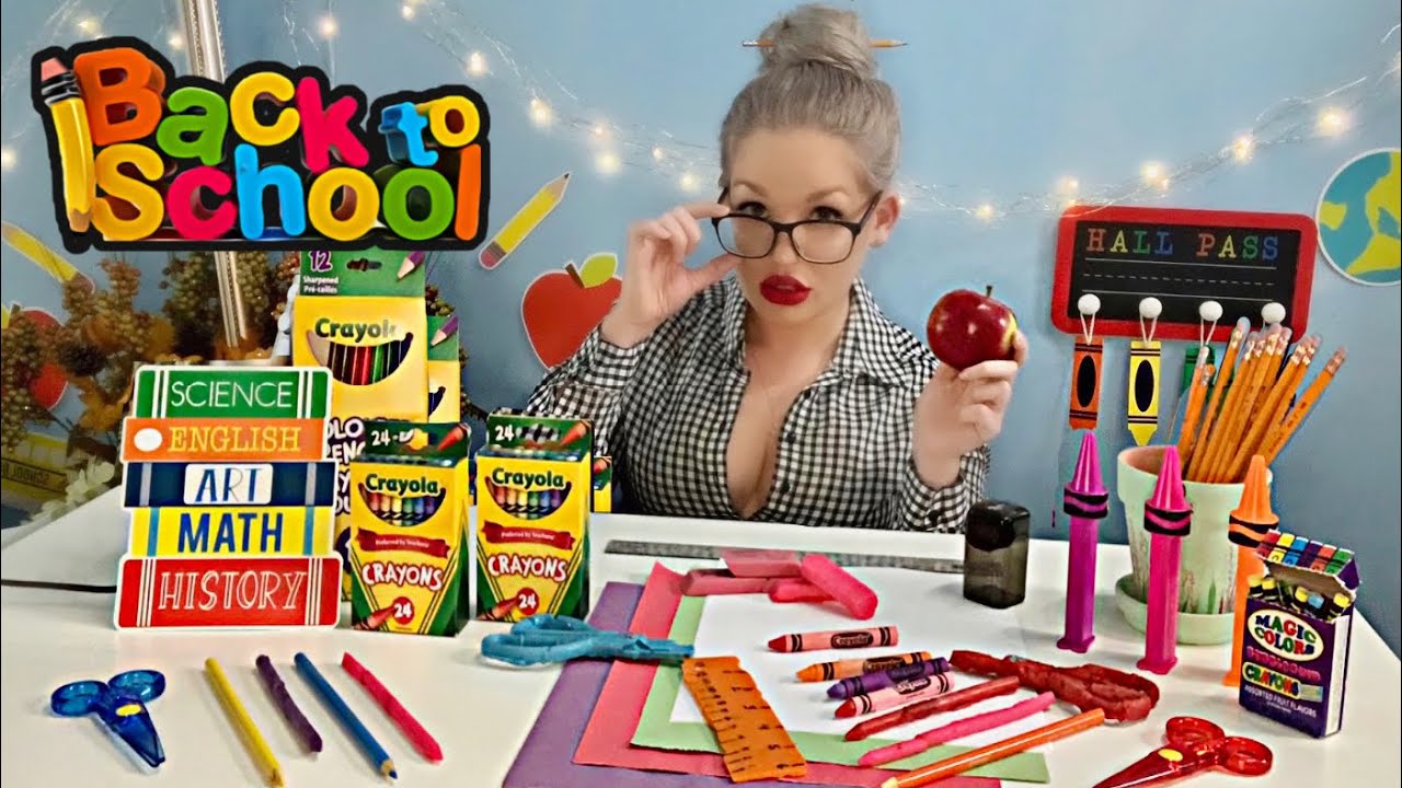 ASMR TEACHER ROLE PLAY BACK TO SCHOOL EATING SCHOOL SUPPLIES WITH EDIBLE CRAYONS, EDIBLE SCISSORS