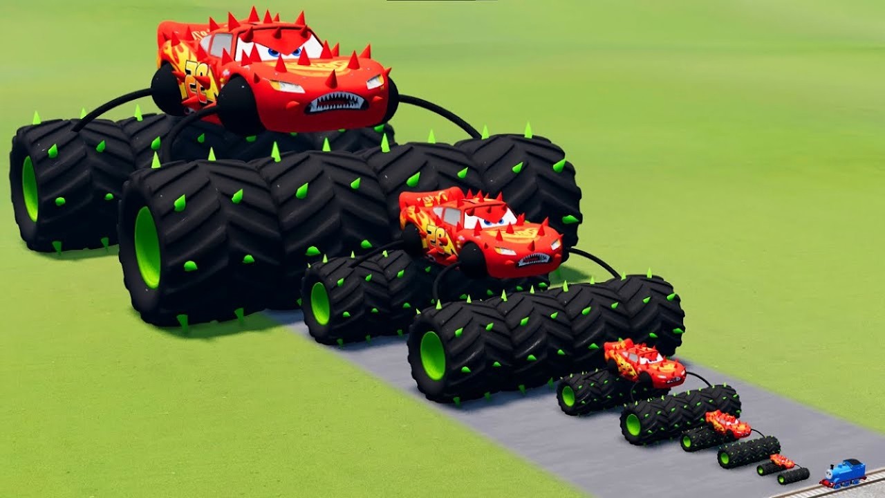 Big & Small McQueen Spider Spiked Wheels Lightning VS Train | BeamNG.drive