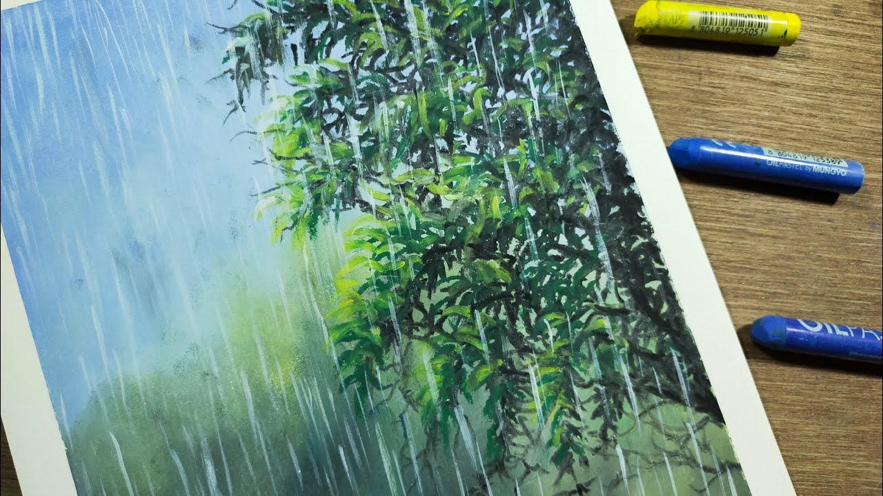 Rain Fall Drawing/A Rainy Day Drawing/Oil pastel drawing/Easy Rainy season drawing/Mix media art