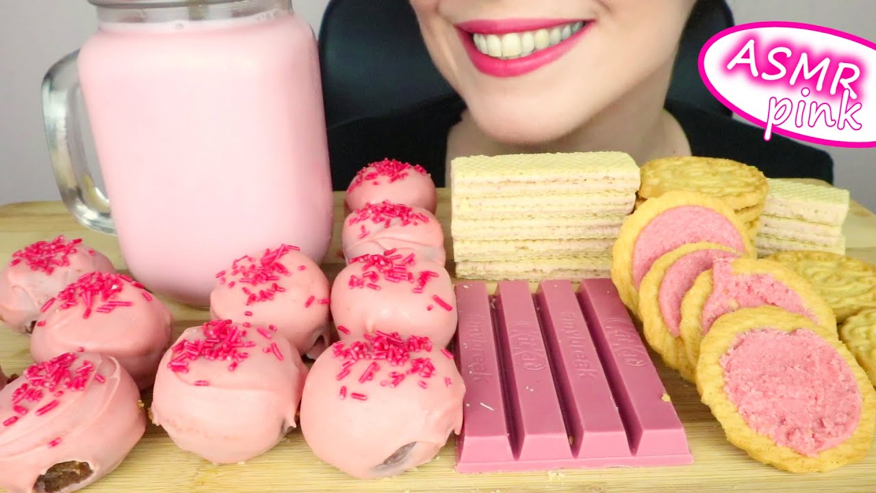 PINK SWEETS 🍨 CHOCOLATE CAKE BALLS, COOKIES & WAFERS | No Talking | ASMR Mukbang - 먹방 | Real Eating