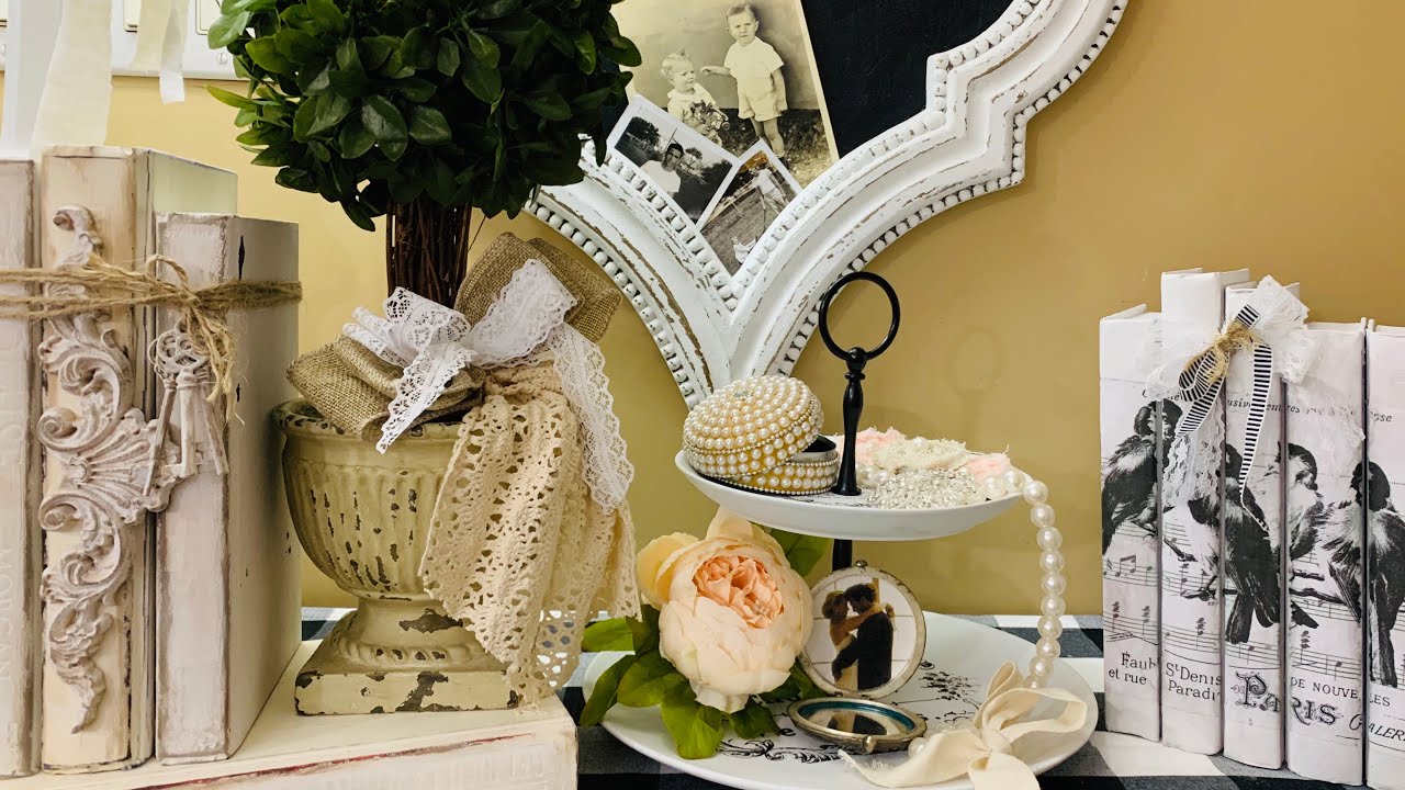 DIY FRENCH COUNTRY SHABBY FARMHOUSE TIERED TRAY & DOLLAR TREE DIY VINTAGE & DECOUPAGE BOOKS (171)