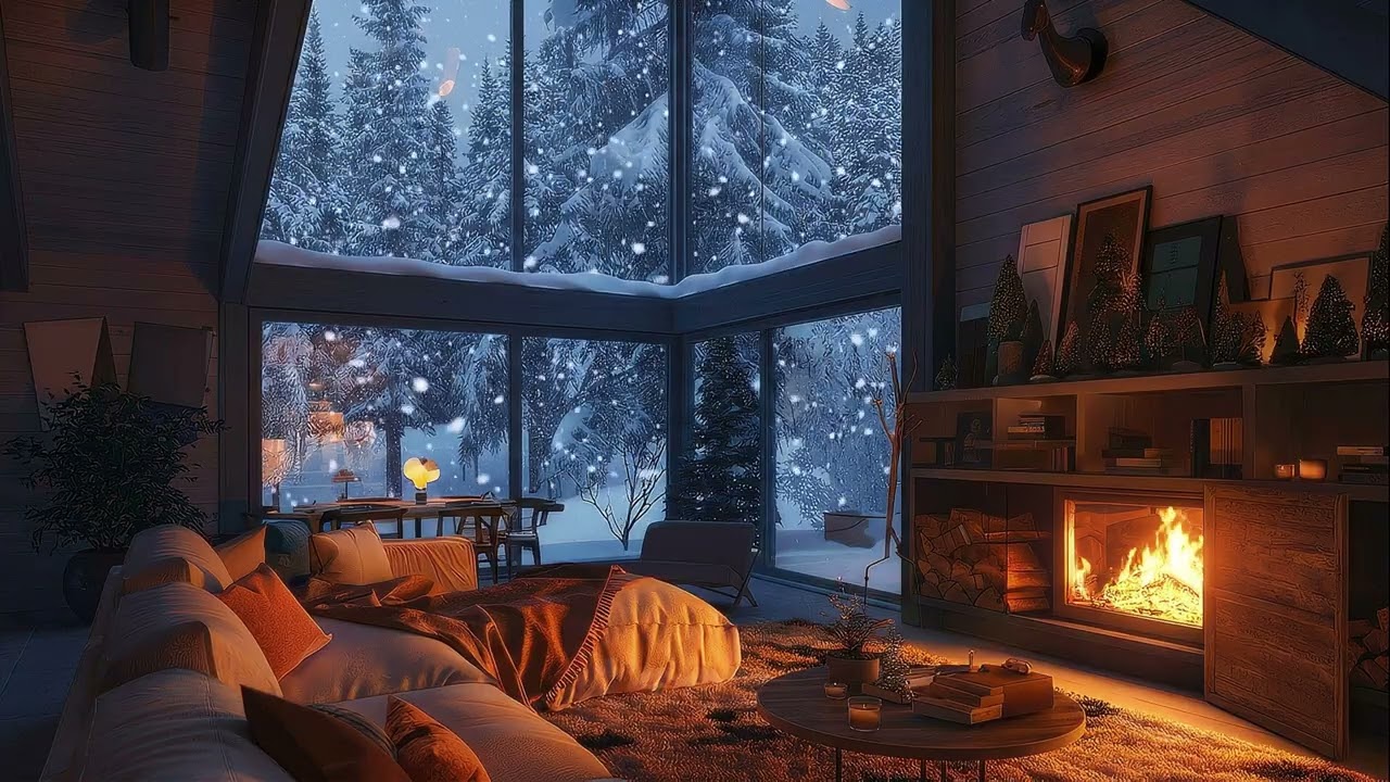4K Cozy Winter Fireplace Ambience 🔥 1 Hour Ultra HD Relaxing Crackling Fire & Snowstorm Outside