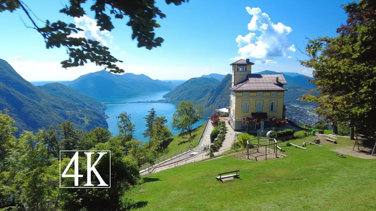 Monte Bre autumn walk, Switzerland. Lugano lake view, relaxing music. 4K.