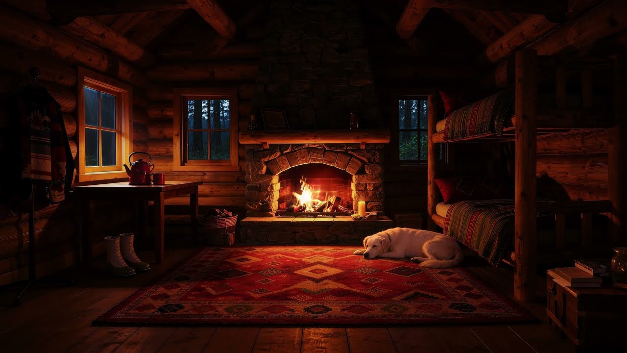 Peaceful Fireplace & Soft Piano Music | Cozy Cabin, Candlelight & Relaxing Rain Sounds for Sleep