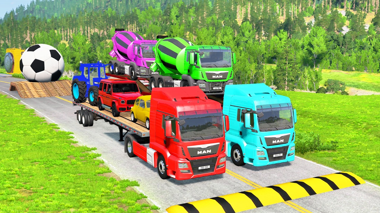 Flatbed Trailer McQueen Transportation with Truck - Speedbumps vs Cars vs Train - BeamNG.Drive #3
