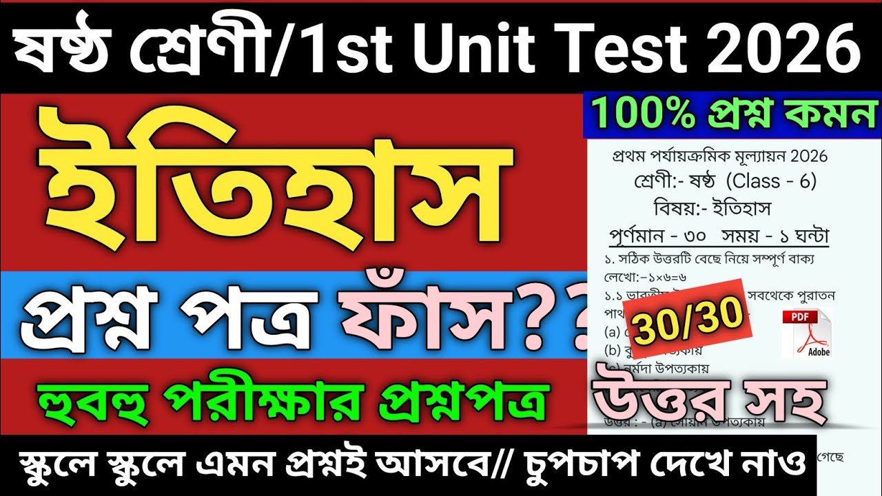 Class 6 | Class 6 History 1st Unit Test 2026 | class 6 history 1st unit test question paper 2026