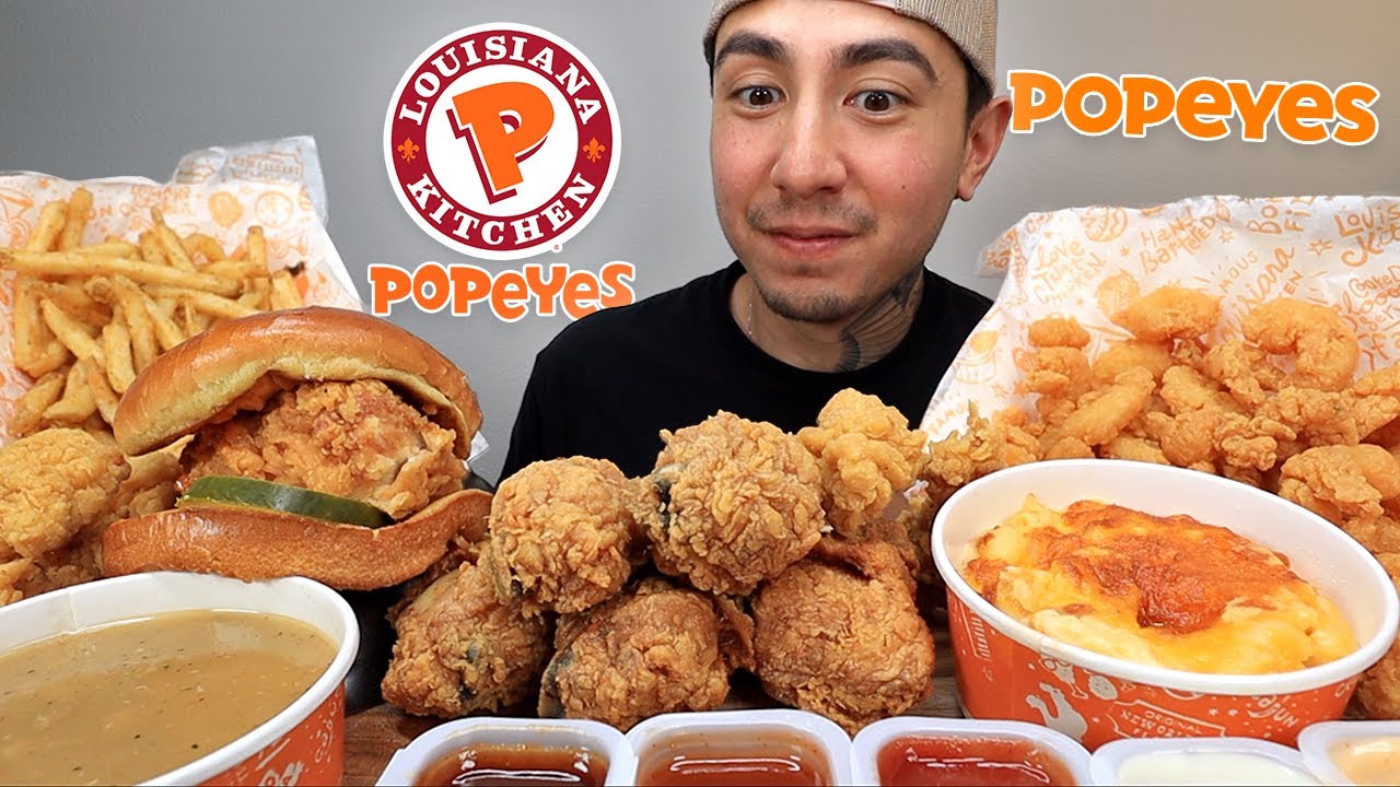 MUKBANG EATING Popeyes FRIED Chicken, SPICY Chicken Sandwich, Mac & Cheese With EXTRA Gravy & Fries