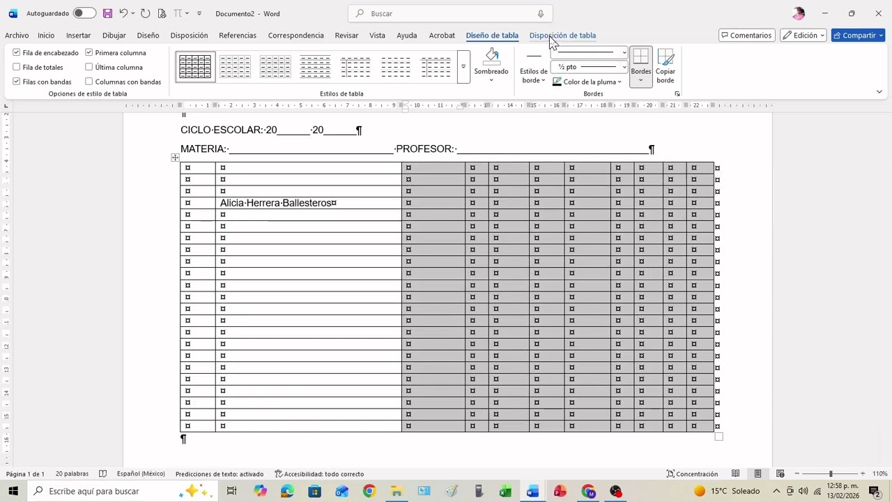 Word tabla concentrado de calificaciones