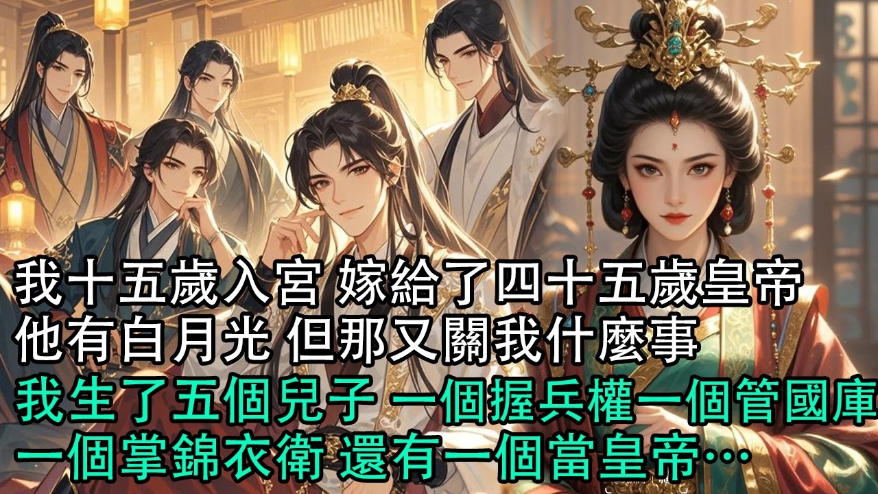 【一口氣看完】我十五歲入宮 嫁給了四十五歲皇帝，他有白月光 但那又關我什麼事，我生了五個兒子，一個握兵權，一個管國庫，一個掌錦衣衛，還有一個當皇帝…#古言 #有聲小說 #情感故事