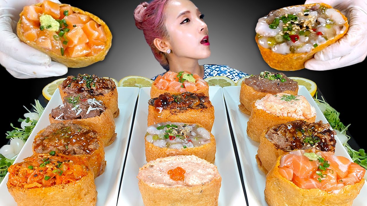[Mukbang] GIANT FRIED TOFU RICE BALLS 🍣도제연어 명란마요 간장새우 대왕유부초밥먹방 SALMON POLLACK SHRIMP SUSHI ASMR | 쎄미