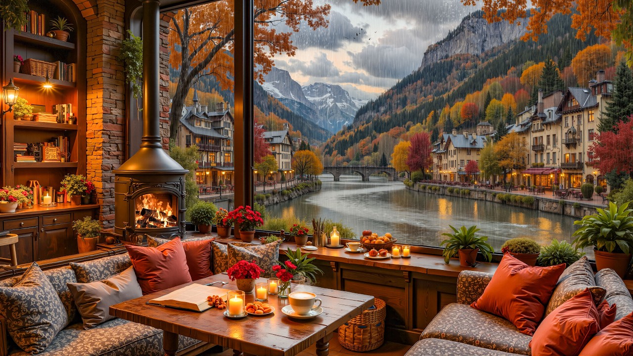 Cozy Rainy Coffee Shop Jazz ☕ Warm Fireplace & Coffee Shop Ambience for Study, Work & Relax