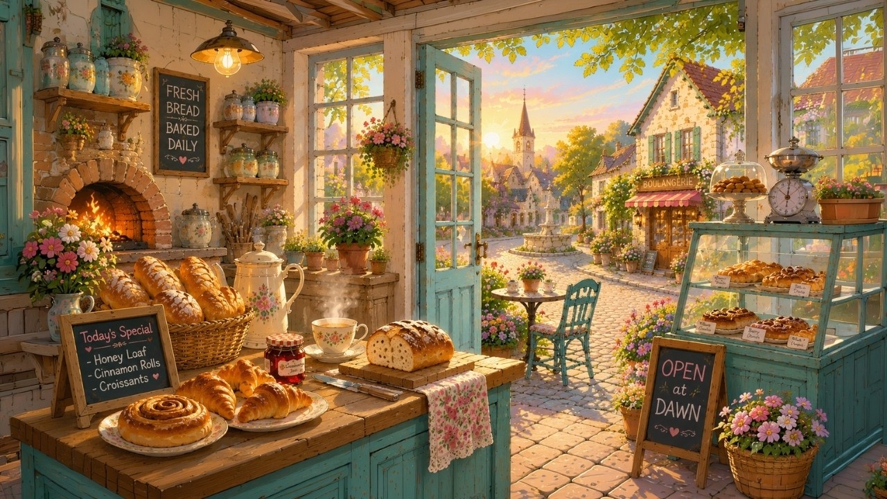 Cozy French Village Bakery Ambience ☀️ Fresh Bread, Morning Coffee & Relaxing Music
