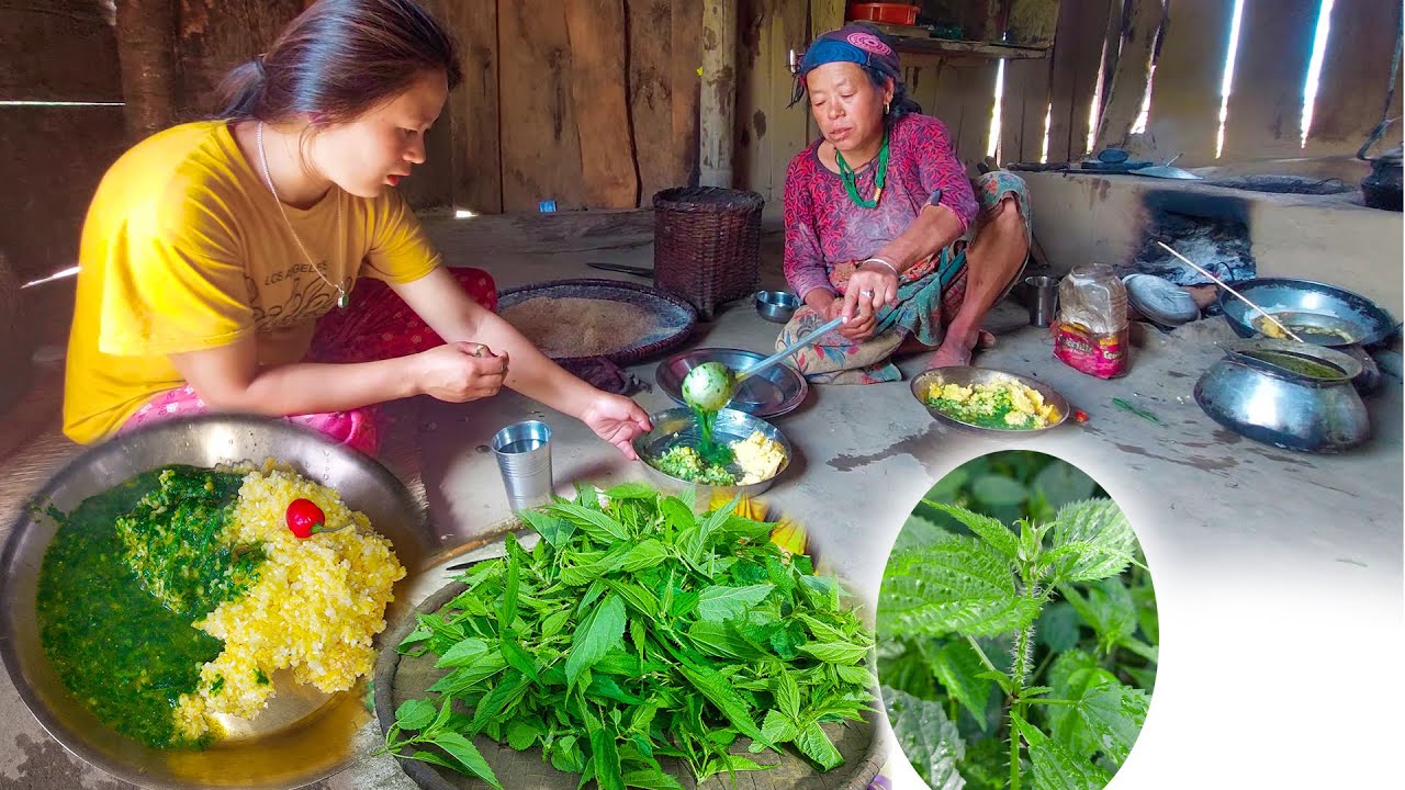 Nettles curry with Corn Rice cooking & eating in Village #villagecooking #nepalivillagekithen