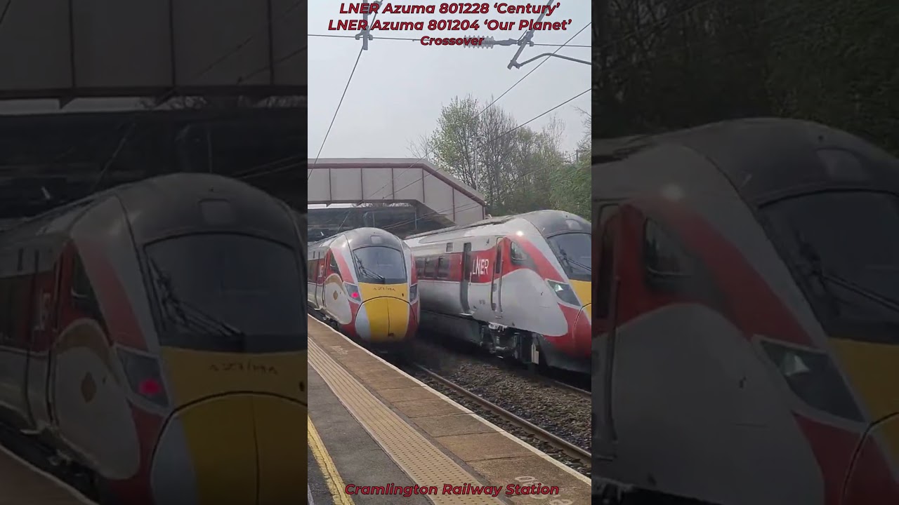 LNER Azuma 801228 'Century' crossover with LNER 801204 'Our Planet' at Cramlington Railway Station