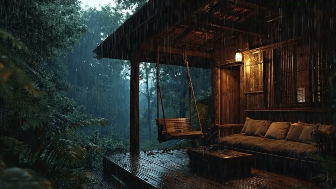 Heavy Rain on a Cozy Forest Cabin Porch with Wooden Swing 🌧️ | Deep Sleep Rain Sounds