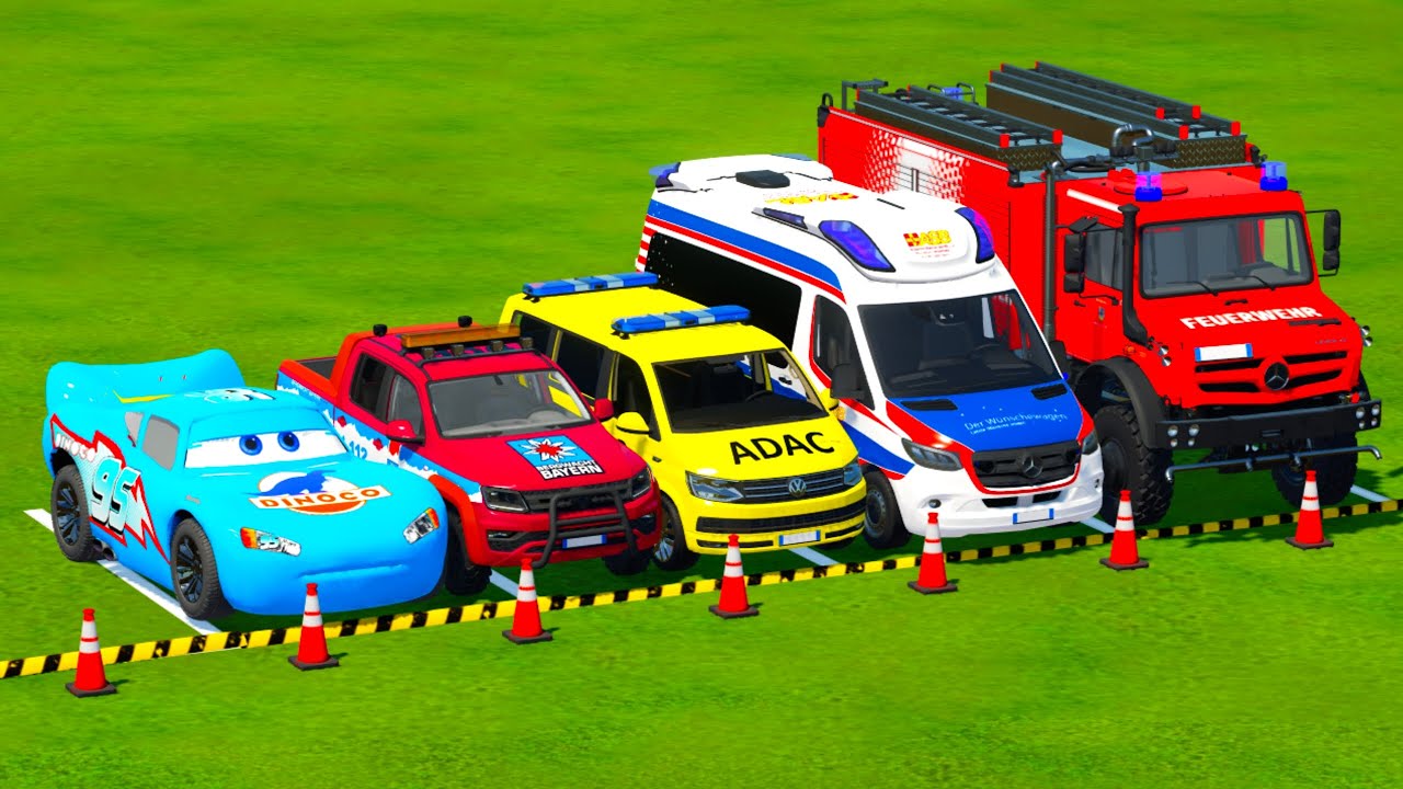 TRANSPORTING POLICE CARS. AMBULANCE, FIRE DEPARMENT VEHICLES WITH MAN TRUCKS TO THE GARAGE ! FS22