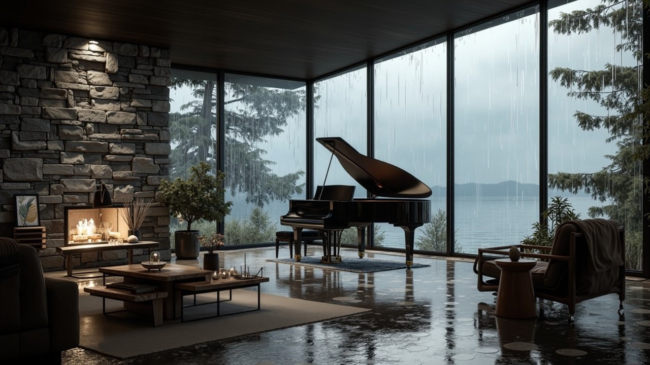 Cozy Cabin Jazz Ambiance ~ Relaxing Rain & Fireplace Sounds | Smooth Piano Jazz Music